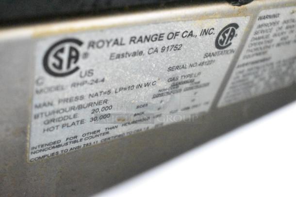 Label on Royal Range of CA, Inc. Model RHP-34. Shows max pressure and BTU/hour for griddle and hot plate.