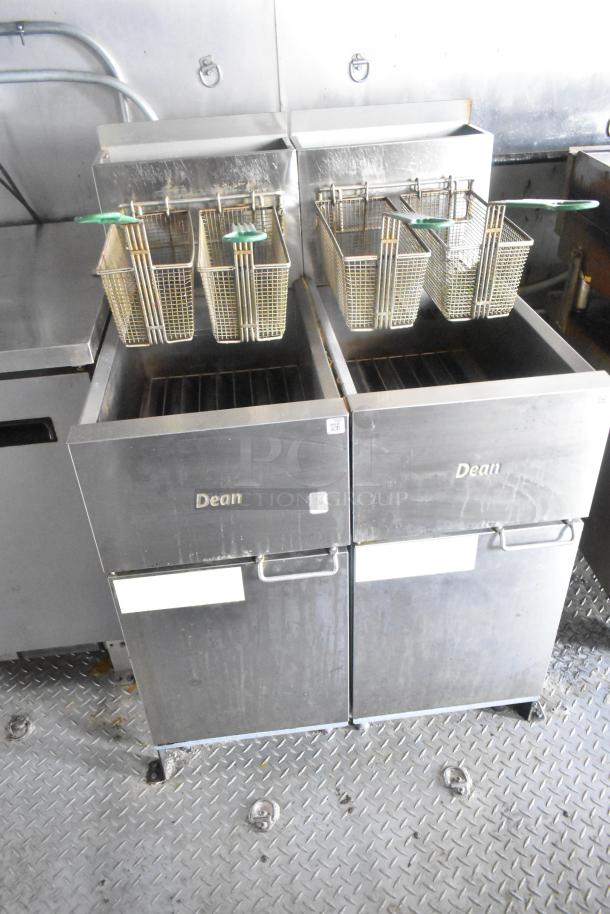 Dual Dean gas fryers with baskets in a 24' ATX food trailer, featuring commercial-grade appliances and clear title.