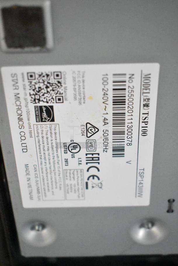 ATX 24' food trailer label, showing model TSP100, voltage 100-240V, FCC and UL listed. Made by SVAR Micronics Co., Ltd.
