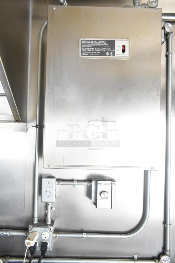ATX food trailer interior with ANSUL fire suppression system, power outlets, and control switches, highlighting safety features.