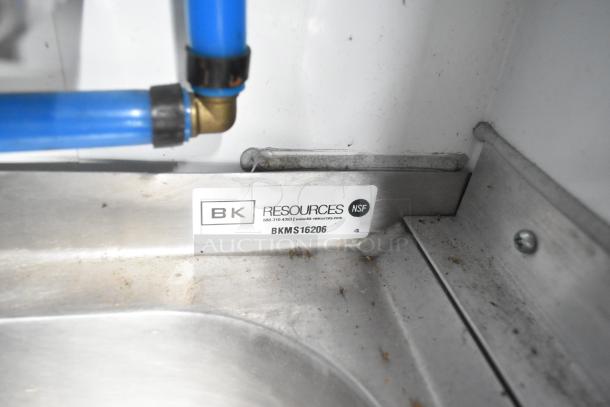 Close-up of BK Resources NSF label, model BKMS16206, on stainless steel surface. Part of 24' Southern Dimensions trailer equipment.