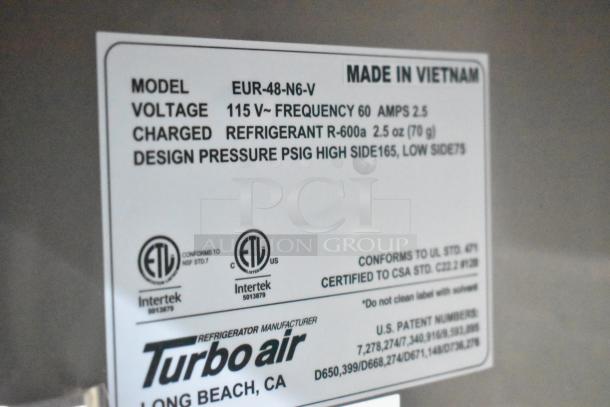 Label showing Turbo Air model EUR-48-N6-V specs: 115V, 60Hz, 2.5 Amps, charged with R-600a refrigerant, made in Vietnam.