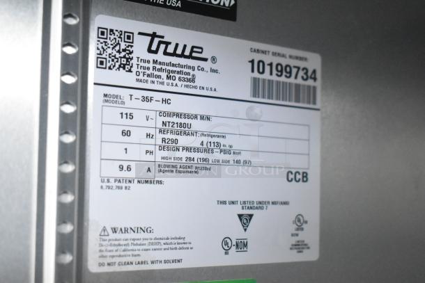 Label of a True refrigeration unit in the Southern Dimensions 24' trailer. Model T-35F-HC, compressor NT2180U, refrigerant R290.