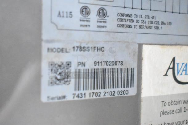 Label showing certification standards, model 178SS1FHC, part number 9117020078, and serial number 7431 1702 2102 0203.