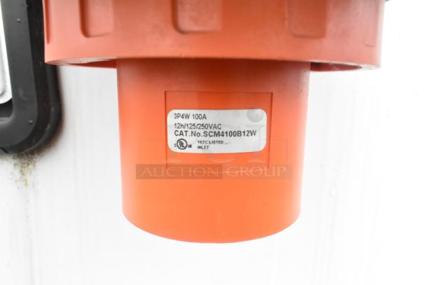 Orange electrical inlet labeled "3P4W 100A, 12h/125/250VAC, CAT.No. SCM4100B12W, UL Listed."