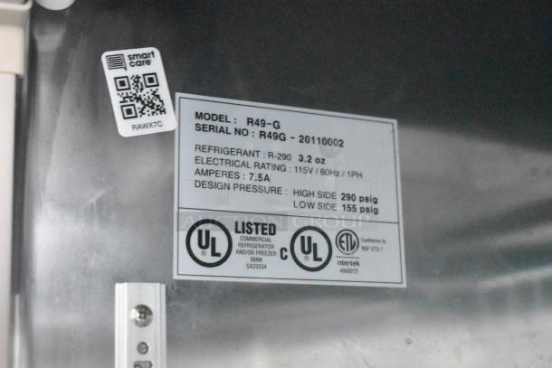 Label on commercial-grade appliance with model R49-G. Details refrigerant, electrical rating, amperes, and pressure specs. QR code and UL listing visible.