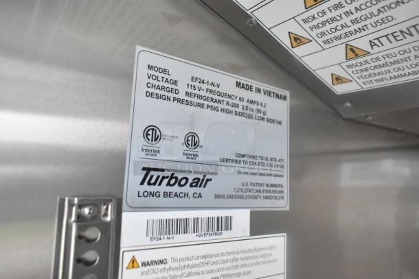 Turbo Air freezer label showing model EF24-1-N-V, 115V, made in Vietnam. Includes safety warnings and certification logos.