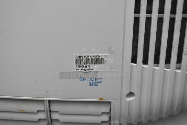 Sticker displaying "A3800 Top Aircon" with a barcode and serial number "A380002872" on a Belaire 3800 unit.