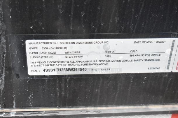 Southern Dimensions trailer label with manufacturing details, GVWR 6350 kg, GAWR 3175 kg per axle, VIN 4S9S1EH26MW364540, type: trailer.