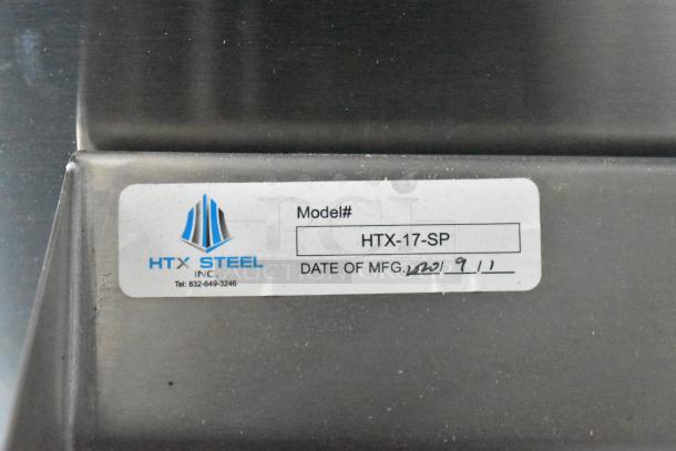 HTX Steel model HTX-17-SP label with manufacture date 2021. Serial and contact details included.