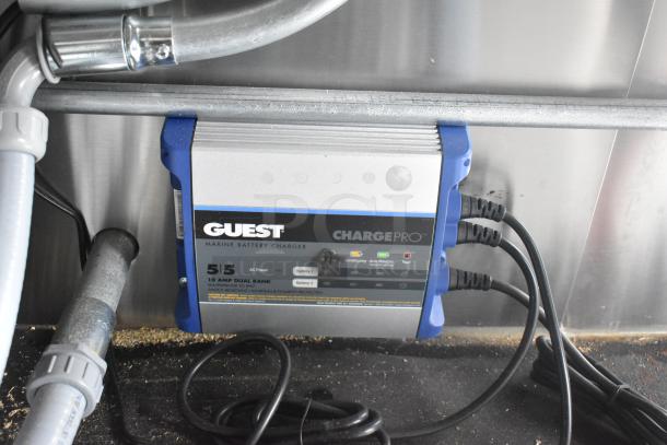 Guest ChargePro marine battery charger shown in ATX food trailer. Model 5/5, dual bank, 10 amp, waterproof.