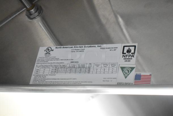 North American Kitchen Solutions label, detailing UL listing, NFPA membership, and specifications for commercial kitchen equipment.