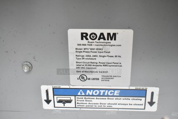 "Roam Technologies power panel label on 2021 ATX 24' food trailer. Model MTC 6001 IESK2, 200A, 240V, UL listed, made 04/2021."