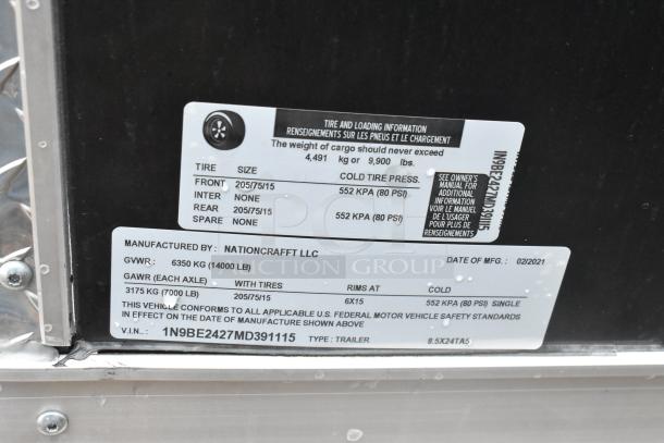 "ATX 24' Food Trailer label showing tire size, load info, and manufacturing details by Nationcraftt LLC, made 02/2021."