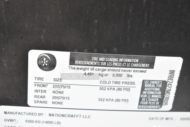 Tire and loading information label for 2021 ATX 24' food trailer, showing tire sizes and pressure.