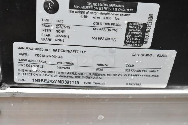 Label for ATX 24' Food Trailer by Nationcraftt, manufactured 02/2021. Details include GVWR 6350 kg, GAWR 3175 kg per axle.