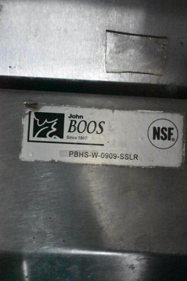Label on stainless steel surface, featuring "John Boos Since 1887," and model "PBHS-W-0909-SSLR," with NSF certification.