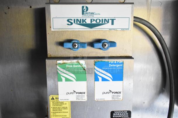 Puritan Sink Point system with dual blue valves for manual sink sanitizer and pot & pan detergent by PureForce.