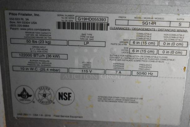 Label for Pitco Frialator model SG14R. Gas type: LP. Capacity: 50 lbs. Input: 122000 BTU/h. Voltage: 115V. NSF certified.