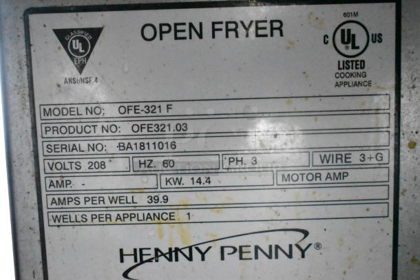 Henny Penny open fryer label, Model OFE-321 F, 208V, 60Hz, serial BA1811016, UL listed cooking appliance.