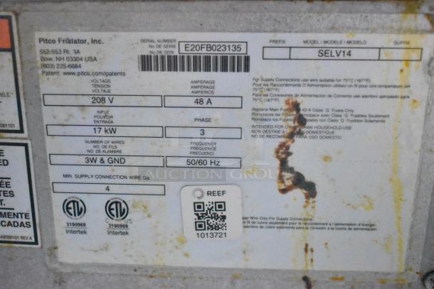 Label on Pitco Frialator showing model SELV14, serial E20FB023135, 208V, 48A, 3-phase, 17kW. ETL certified.