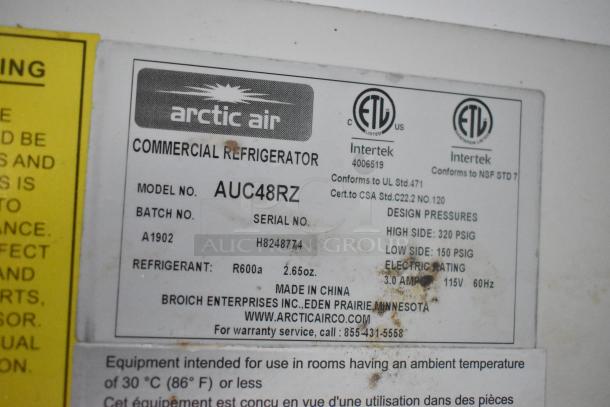 Label on Arctic Air commercial refrigerator model AUC48RZ, serial H8248774; details electrical and refrigerant specs.