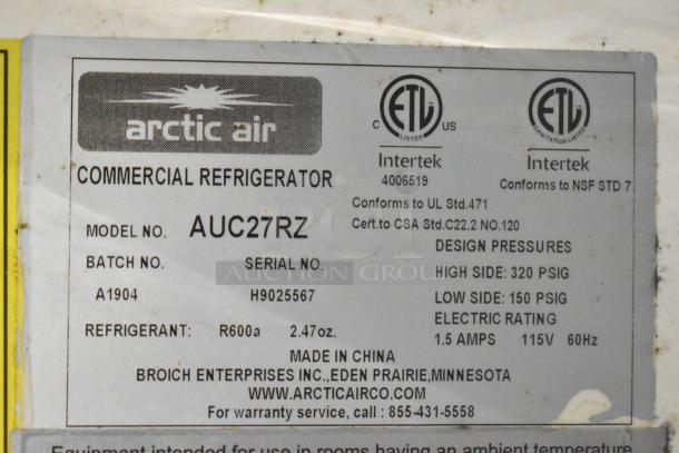 Arctic Air commercial refrigerator label, model AUC27RZ. Design pressures: high 320 PSIG, low 150 PSIG. Refrigerant R600a.
