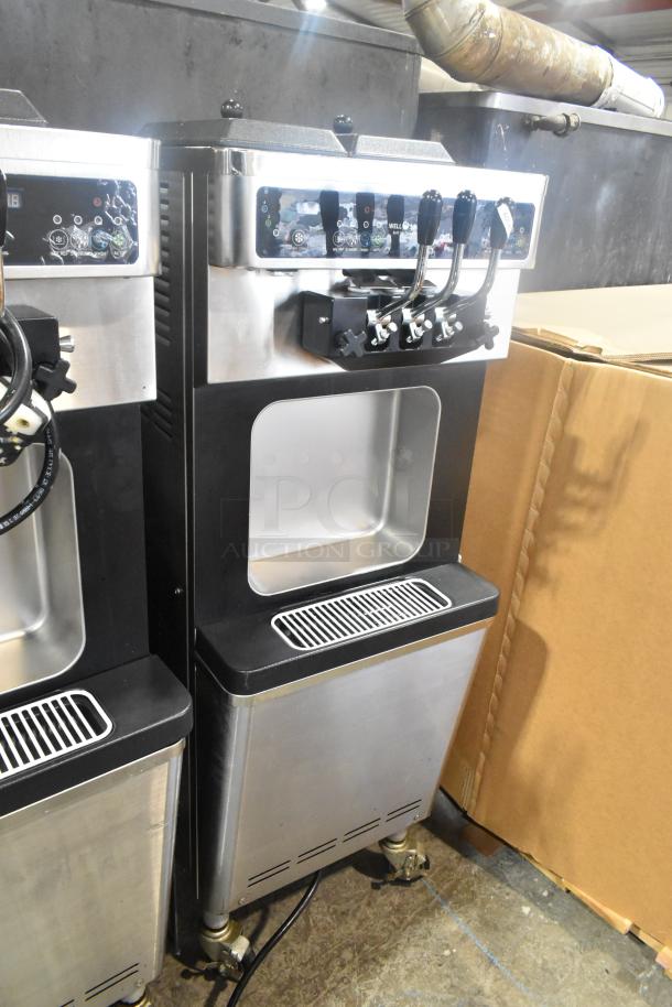 Wellspring SSI-143S stainless steel soft serve ice cream machine, 2 flavors with twist, on casters, 220V, 1 phase.
