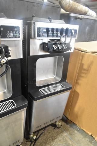 Wellspring SSI-143S stainless steel soft serve ice cream machine, 2 flavors with twist, on casters, 220V, 1 phase.