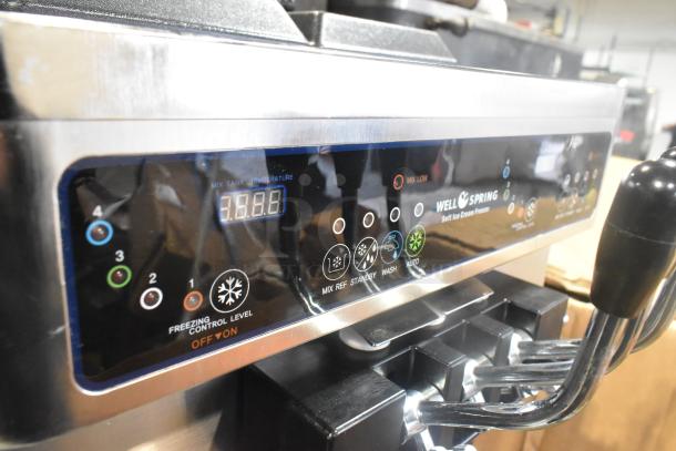 Wellspring SSI-143S soft serve machine, stainless steel, 2 flavors with twist, on casters, 220V, 1-phase, control panel shown.