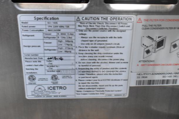 Wellspring SSI-143S stainless steel ice cream machine label, detailing model, power specifications, and operating instructions.