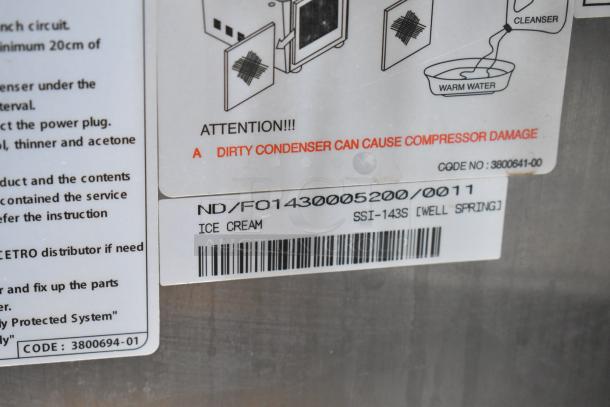 Wellspring SSI-143S Stainless Steel Soft Serve Ice Cream Machine. Model SSI-143S, 220V, floor style, on casters.