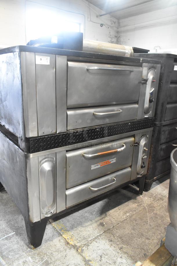 Blodgett stainless steel gas-powered single deck pizza ovens, used condition, with cooking stones and visible brand logo.