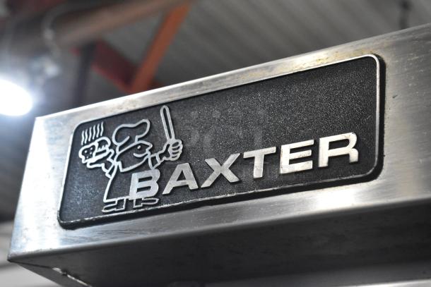 Baxter Stainless Steel Commercial Gas Rotating Rack Oven, logo detail, features double pan rack and commercial casters.