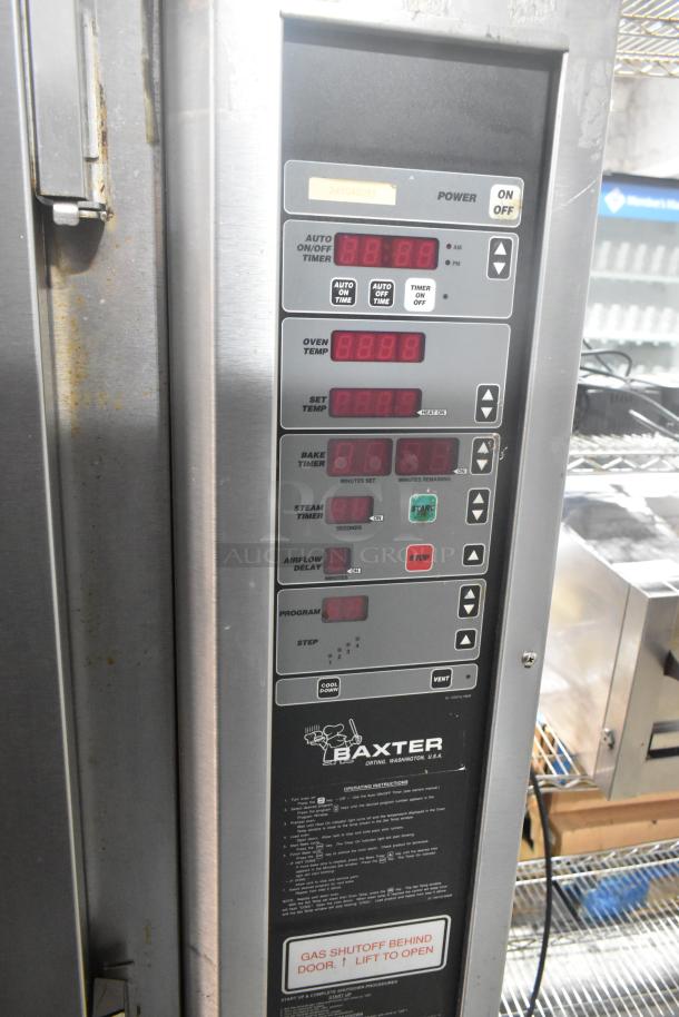 Baxter stainless steel commercial mini rotating rack oven, natural gas powered, with control panel, programmable settings, and double pan rack.