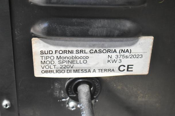 2023 Sud Forni SPINELLO countertop pizza oven, stainless steel, single deck, electric, 220V. Label shows model and specs.