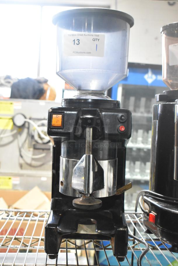 Bregani 42330 metal commercial espresso bean grinder, countertop model, 120V, 1-phase. Slight wear visible, labeled QTY 1.
