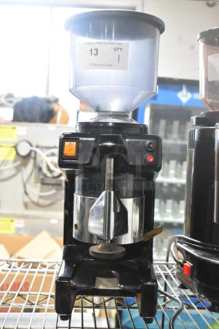 Bregani 42330 metal commercial espresso bean grinder, countertop model, 120V, 1-phase. Slight wear visible, labeled QTY 1.