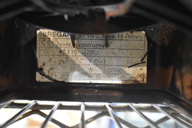 Bregani 42330 metal commercial espresso bean grinder label, shows model and specs, 120V, made in Italy.