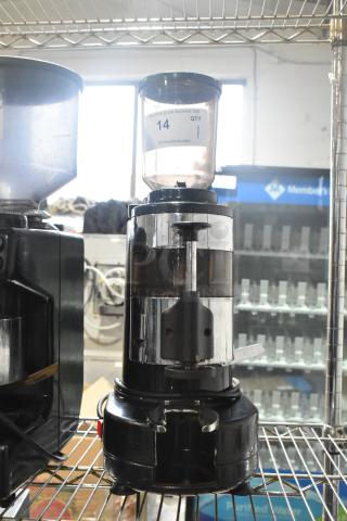Gino Rossi RR45 metal commercial espresso bean grinder, black, 120V, 1 phase, with visible label "14 PCIAuctions.com".