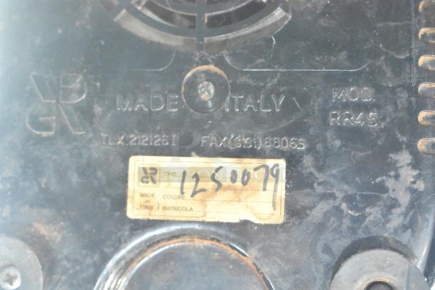 Gino Rossi RR45 espresso grinder, metal body, commercial use, 120V, 1 phase. Made in Italy, model RR45, visible label number 1250079.