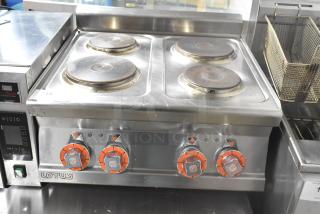 2023 Lotus PCT-66ET stainless steel 4 burner electric hot plate range, commercial, model PCT-66ET, 220-240 volts.