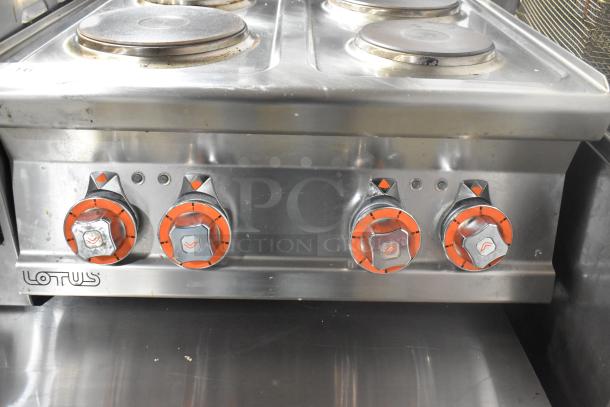 2023 Lotus PCT-66ET stainless steel 4-burner electric countertop range, model PCT-66ET, 220-240V. Front panel shown.