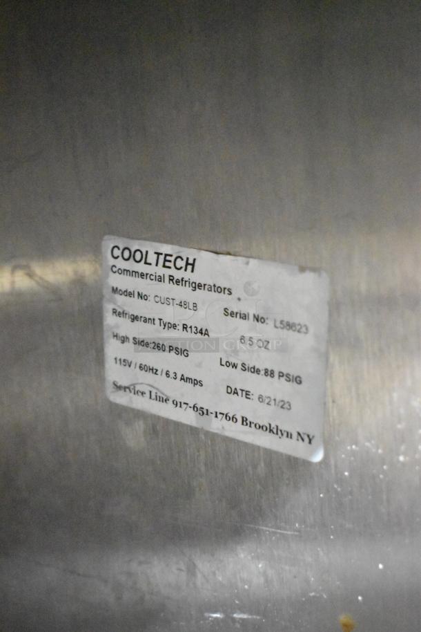 2023 Cooltech CUST-48LB stainless steel commercial chef base. Label shows model, serial, refrigerant, and voltage details.
