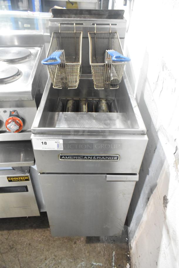 2019 American Range AF-35/50 stainless steel deep fat fryer, natural gas, with 2 metal fry baskets, on casters, 40,000 BTU.