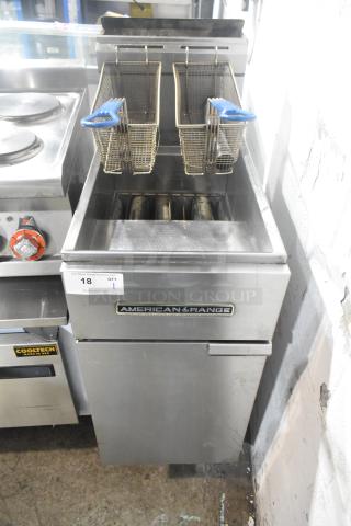 2019 American Range AF-35/50 stainless steel deep fat fryer, natural gas, with 2 metal fry baskets, on casters, 40,000 BTU.