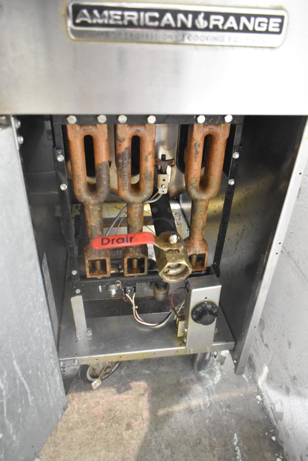 2019 American Range AF-35/50 stainless steel gas fryer with 2 baskets, on casters, 40,000 BTU, showing internal components.