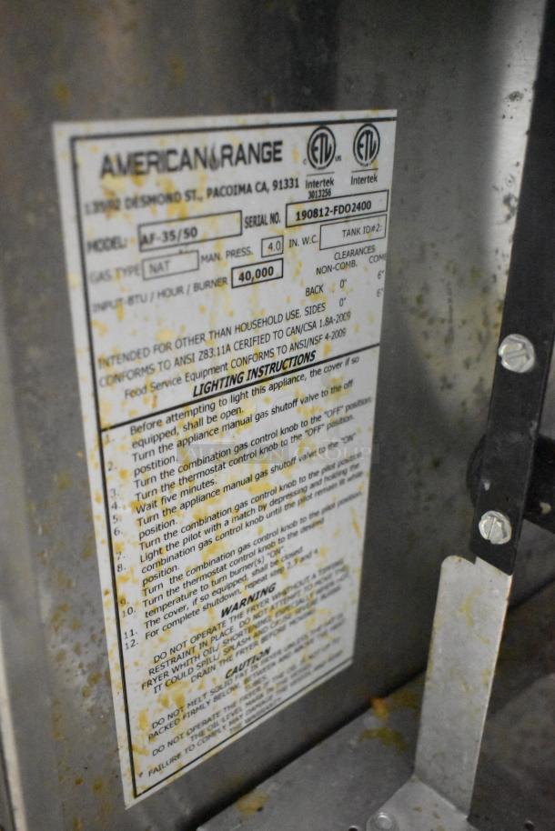 2019 American Range AF-35/50 deep fat fryer label, showing model, serial number, and 40,000 BTU specs.
