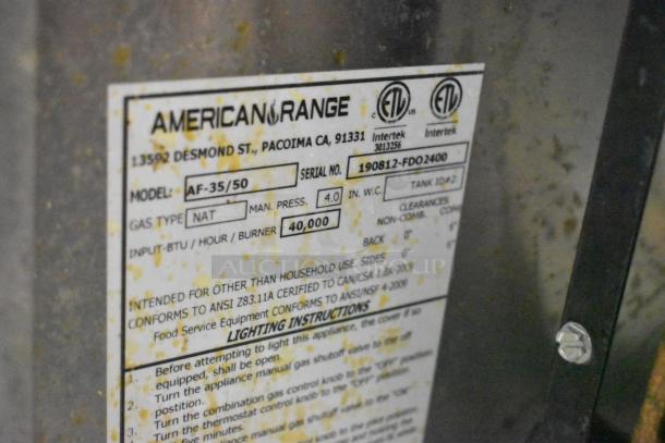 2019 American Range AF-35/50 stainless steel deep fryer label, 40,000 BTU, natural gas, commercial use.