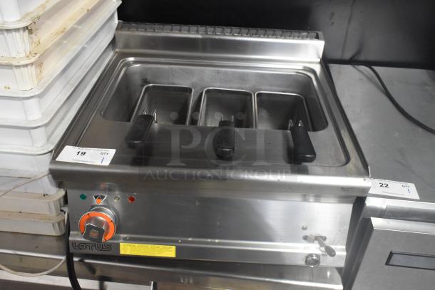2022 Lotus CPT-66ET stainless steel commercial pasta cooker, electric-powered, with 3 metal fry baskets. Model CPT-66ET.